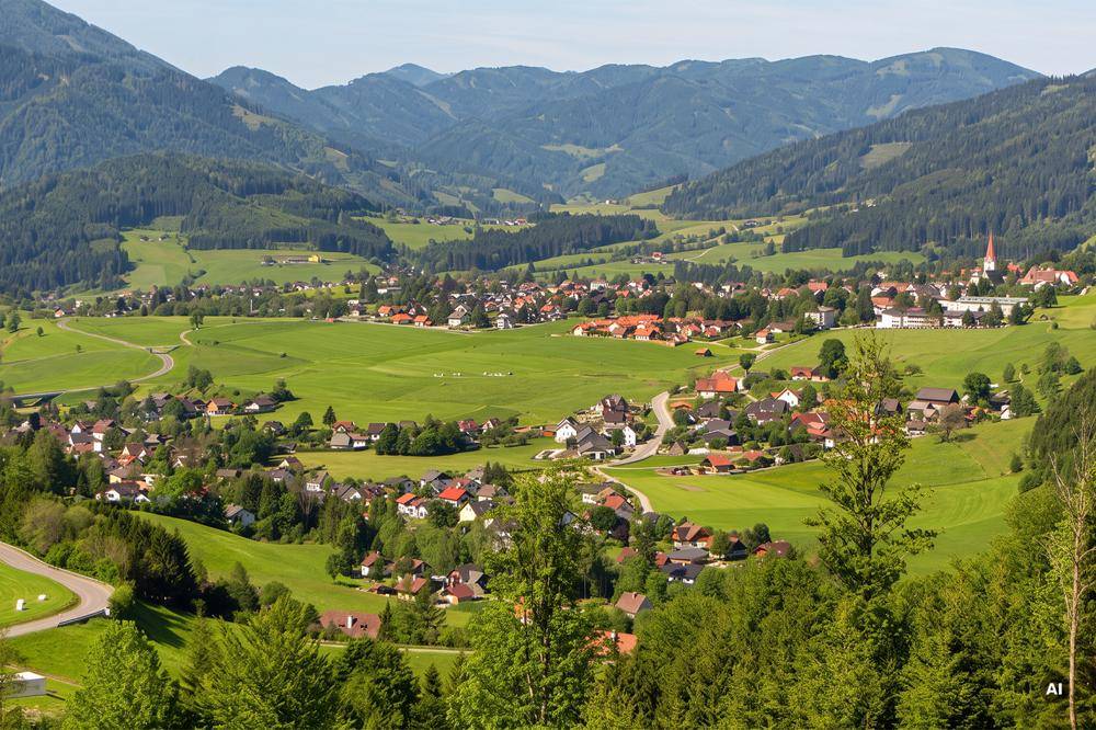 Weitläufiges Panorama eines malerischen Tals mit einem Dorf, umgeben von grünen Hügeln und bewaldeten Bergen.