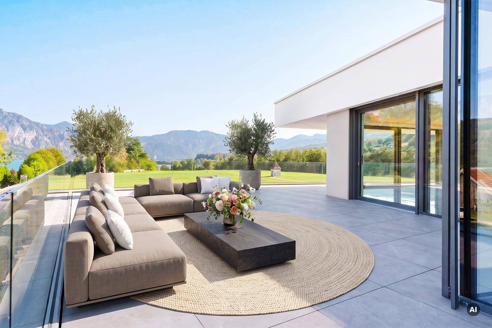 Moderne Terrasse mit bequemen Loungemöbeln und Panoramablick auf See und Berge.