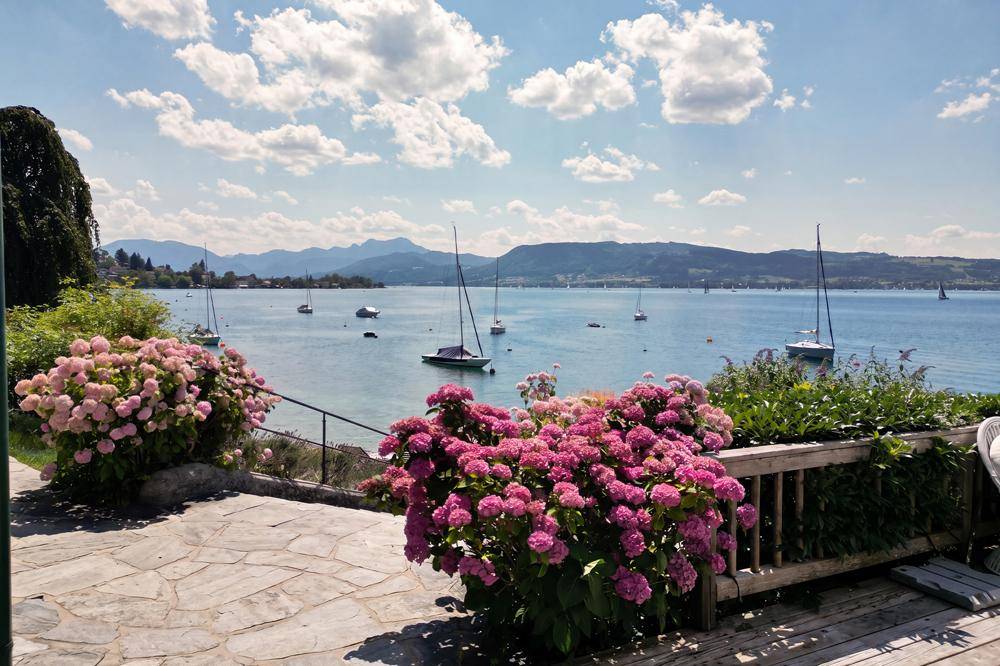 Sonnige Terrasse mit üppigen Hortensien und malerischem Blick auf den See und die Berge.