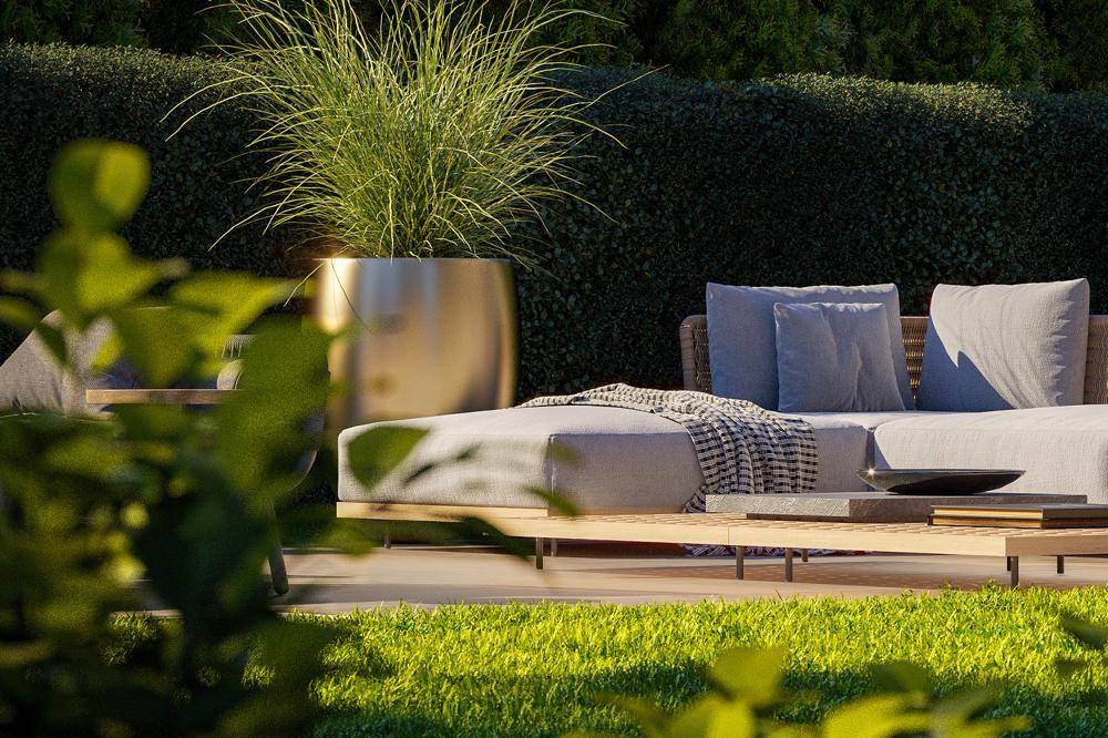 ... mit großformatigen, sandfarbenen Feinsteinzeugplatten auf der Terrasse - Visualisierung
