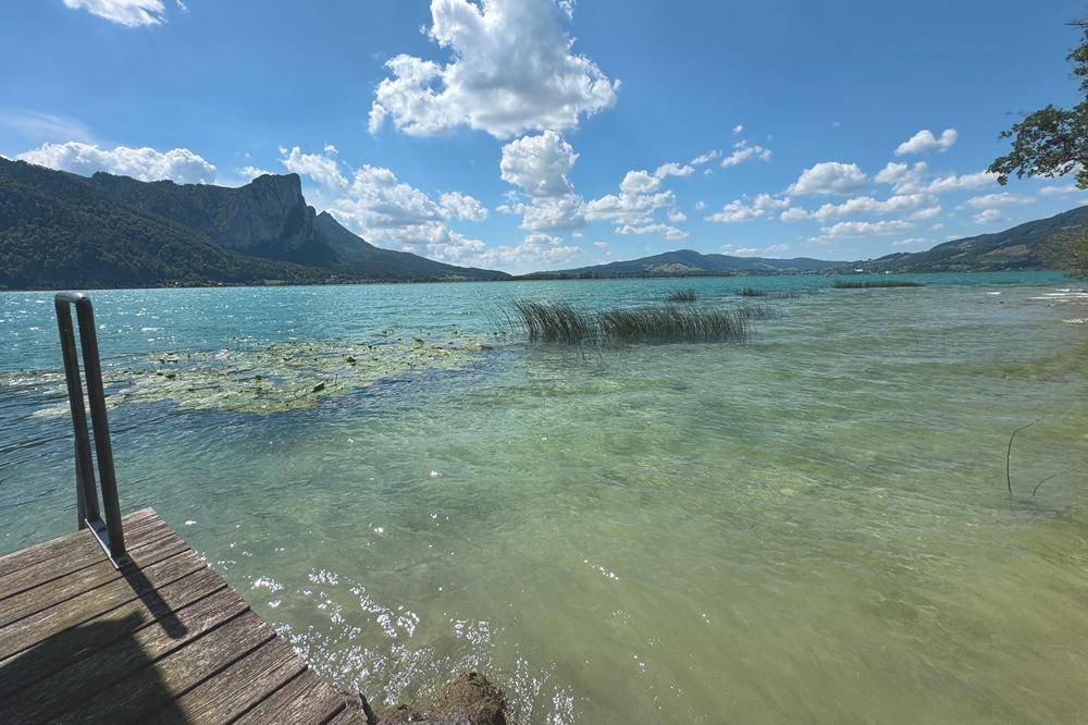 Holzsteg mit Badeleiter bietet direkten Zugang zum klaren Seewasser.