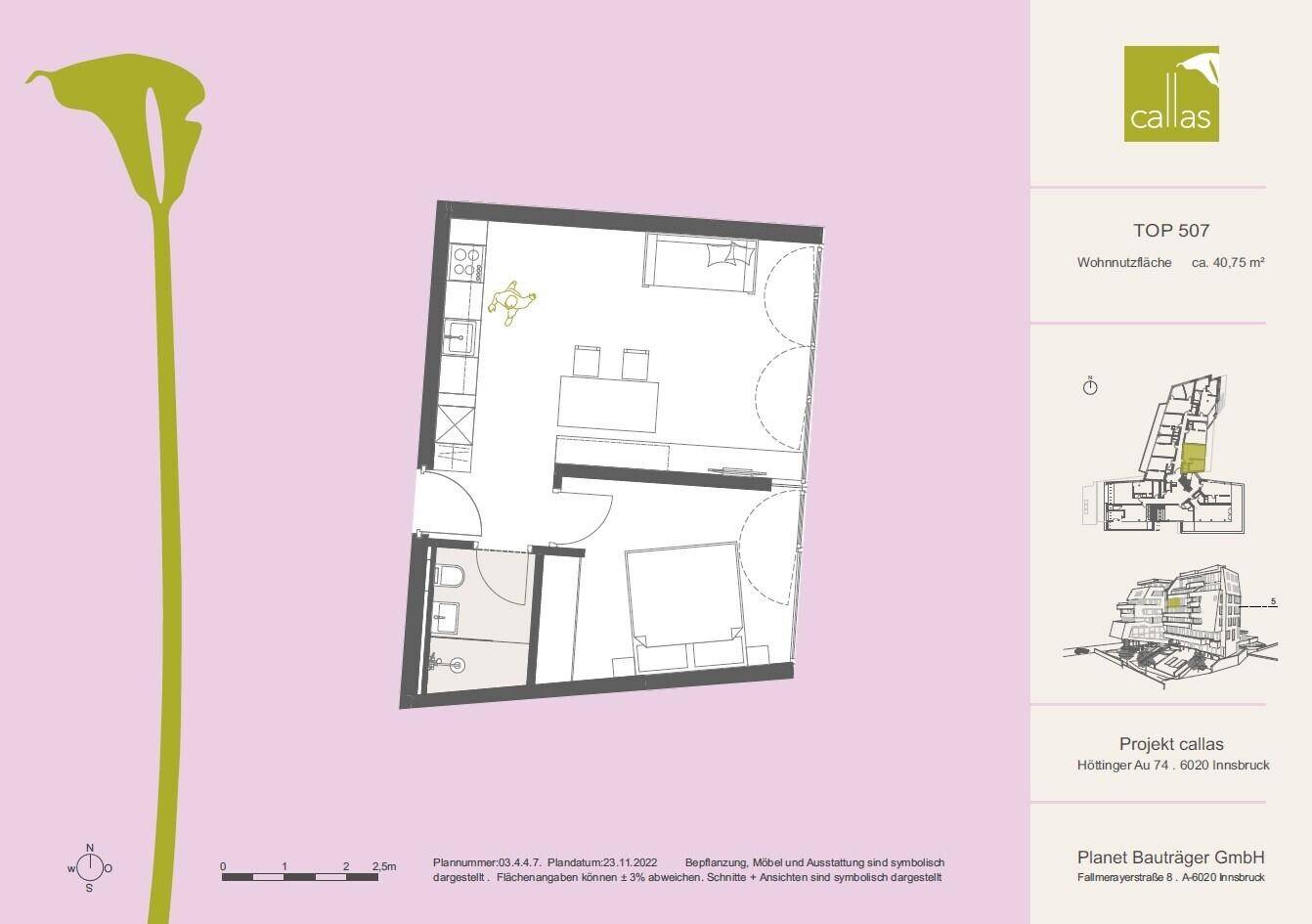 Grundriss der Wohnung TOP 507 mit offener Wohnküche, Schlafzimmer und Badezimmer.