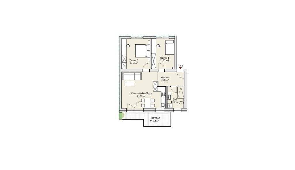 Grundriss einer Wohnung mit zwei Schlafzimmern, offenem Wohnbereich, Bad, Gäste-WC und Terrasse.