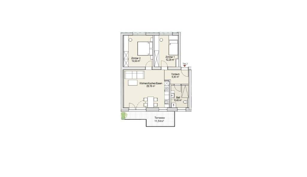 Grundriss einer Wohnung mit zwei Zimmern, Wohn-Koch-Essbereich und Terrasse.