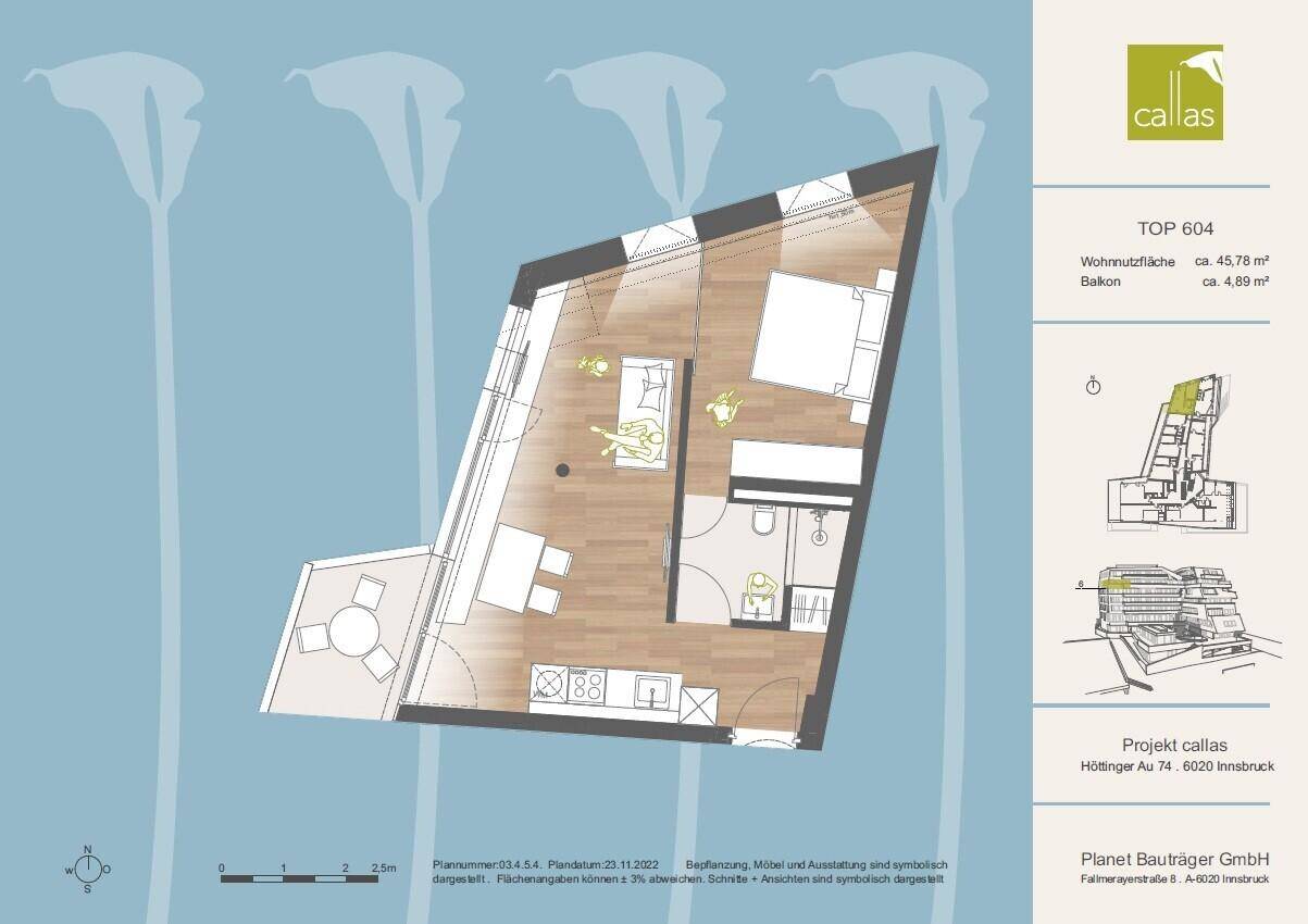 Grundriss der Wohnung TOP 604 mit 45,78 m² Wohnfläche, einem Schlafzimmer und Balkon.