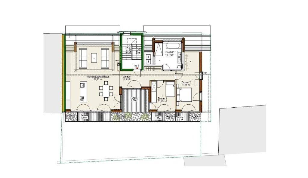 Detaillierter Grundriss mit Wohn-Koch-Essbereich, zwei Schlafzimmern und einem Badezimmer.
