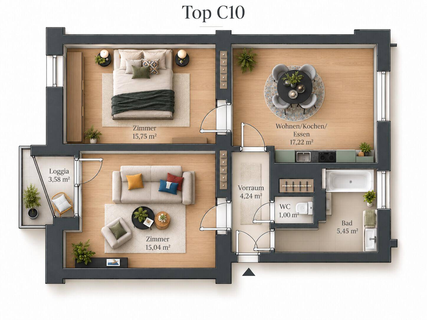 Detaillierter Grundriss der Wohnung Top C10 mit Loggia, Schlafzimmer und offenem Wohnbereich.