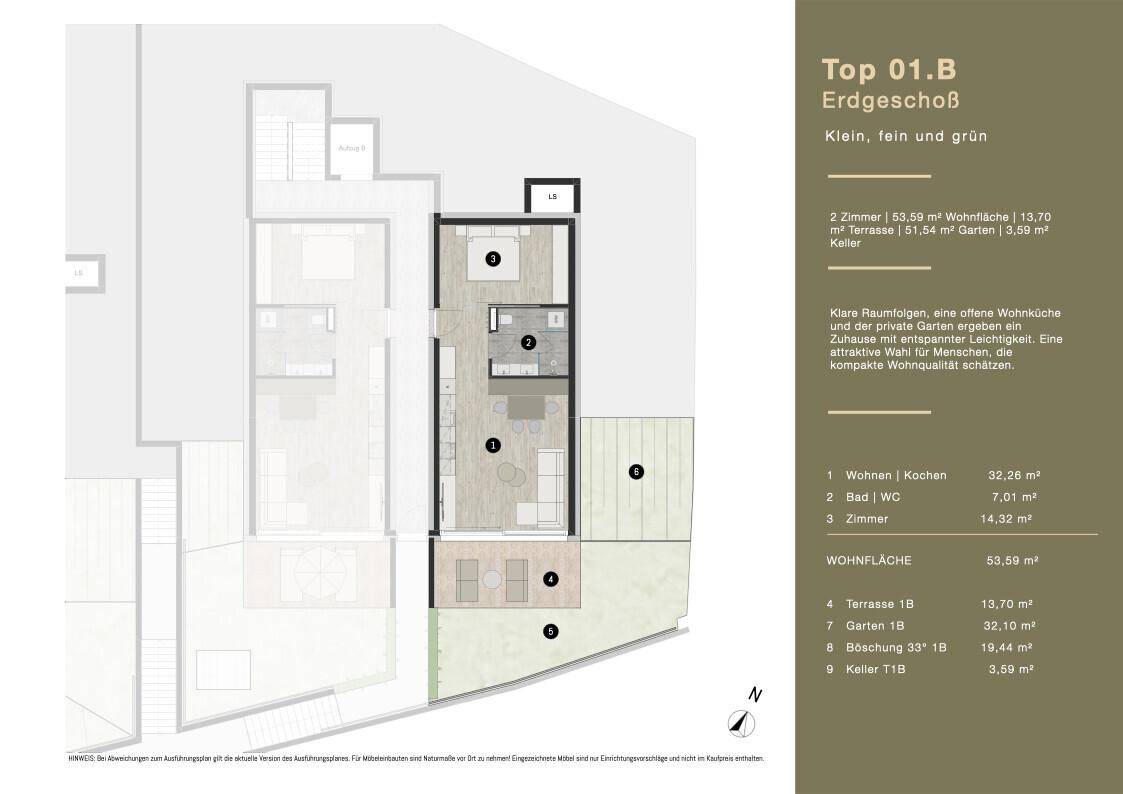 Grundriss des Erdgeschosses mit offener Wohnküche, einem Zimmer, Bad, Terrasse und Gartenbereich.