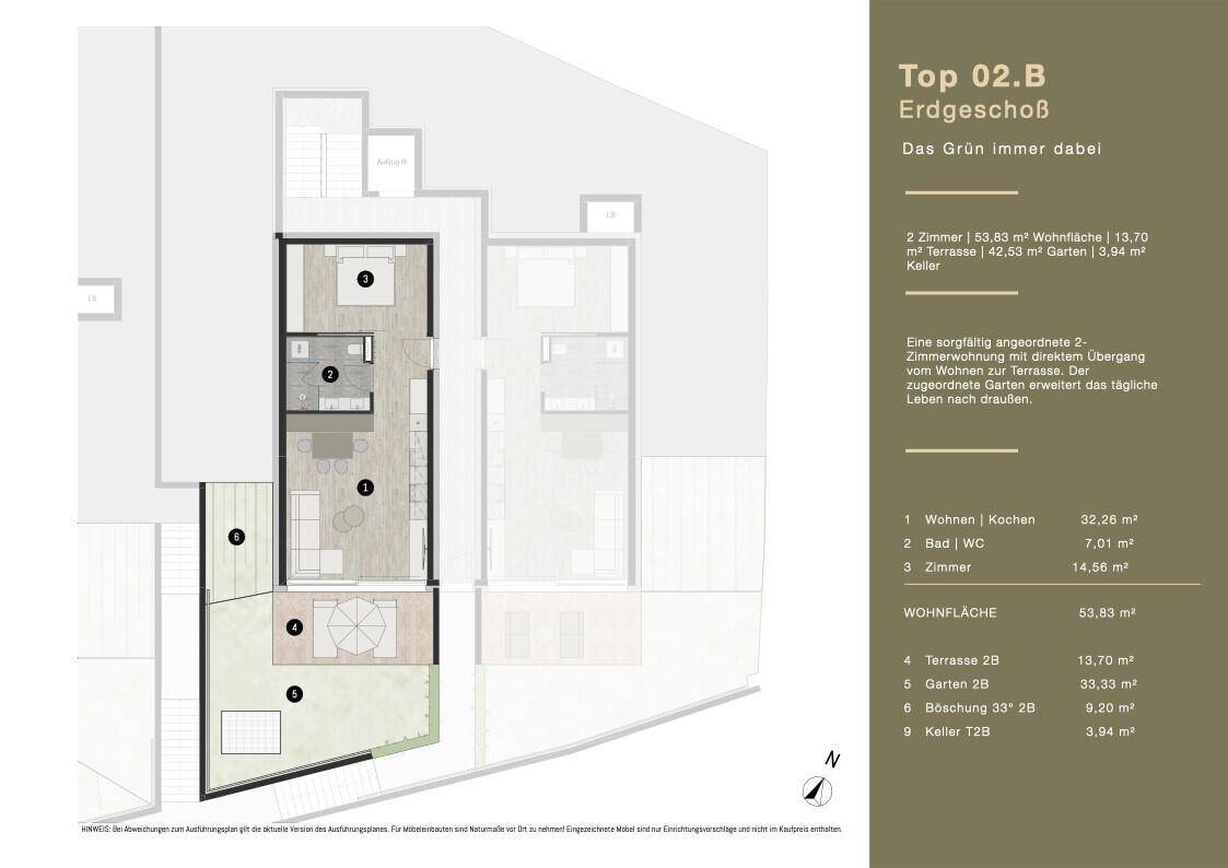 Grundriss für eine 2-Zimmer-Wohnung im Erdgeschoss mit offenem Wohnbereich, Terrasse und Garten.