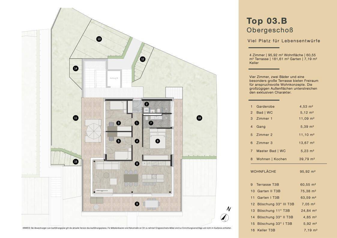 Grundriss des Obergeschosses mit vier Zimmern, großer Terrasse und Gartenflächen.