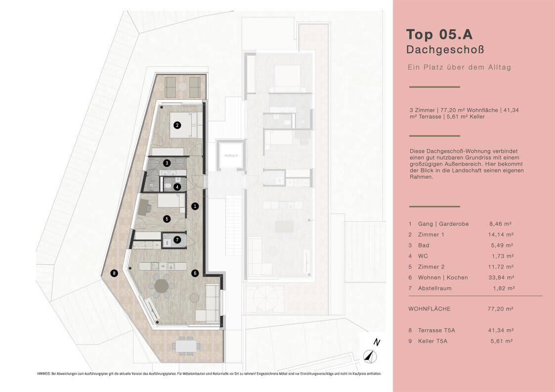 Grundriss der Dachgeschosswohnung Top 05.A mit drei Zimmern, Terrasse und Kellerabteil.