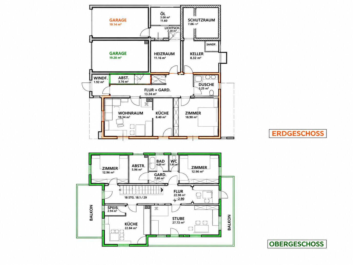 Grundrisspläne für Erdgeschoss und Obergeschoss mit Raumaufteilung und Flächenangaben.