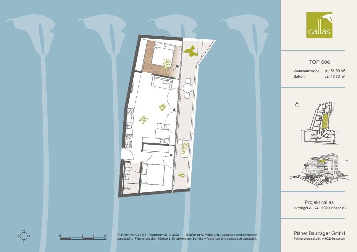 Grundriss der Wohnung TOP 606 mit 54,90 m² Wohnfläche und 17,73 m² Balkon.