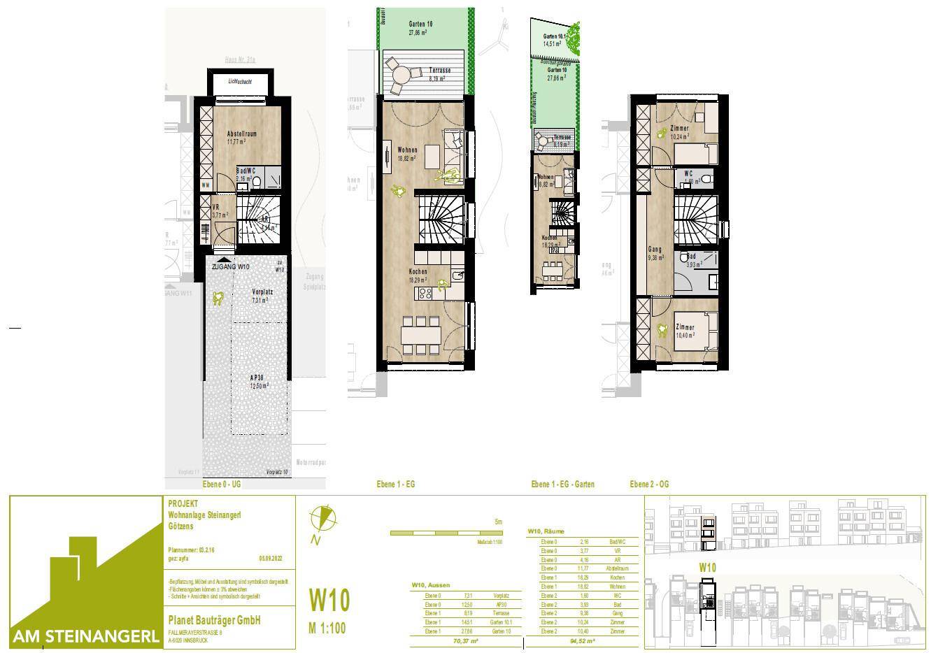 Detaillierter Grundrissplan mit verschiedenen Ebenen, Terrassen und Gartenbereichen.