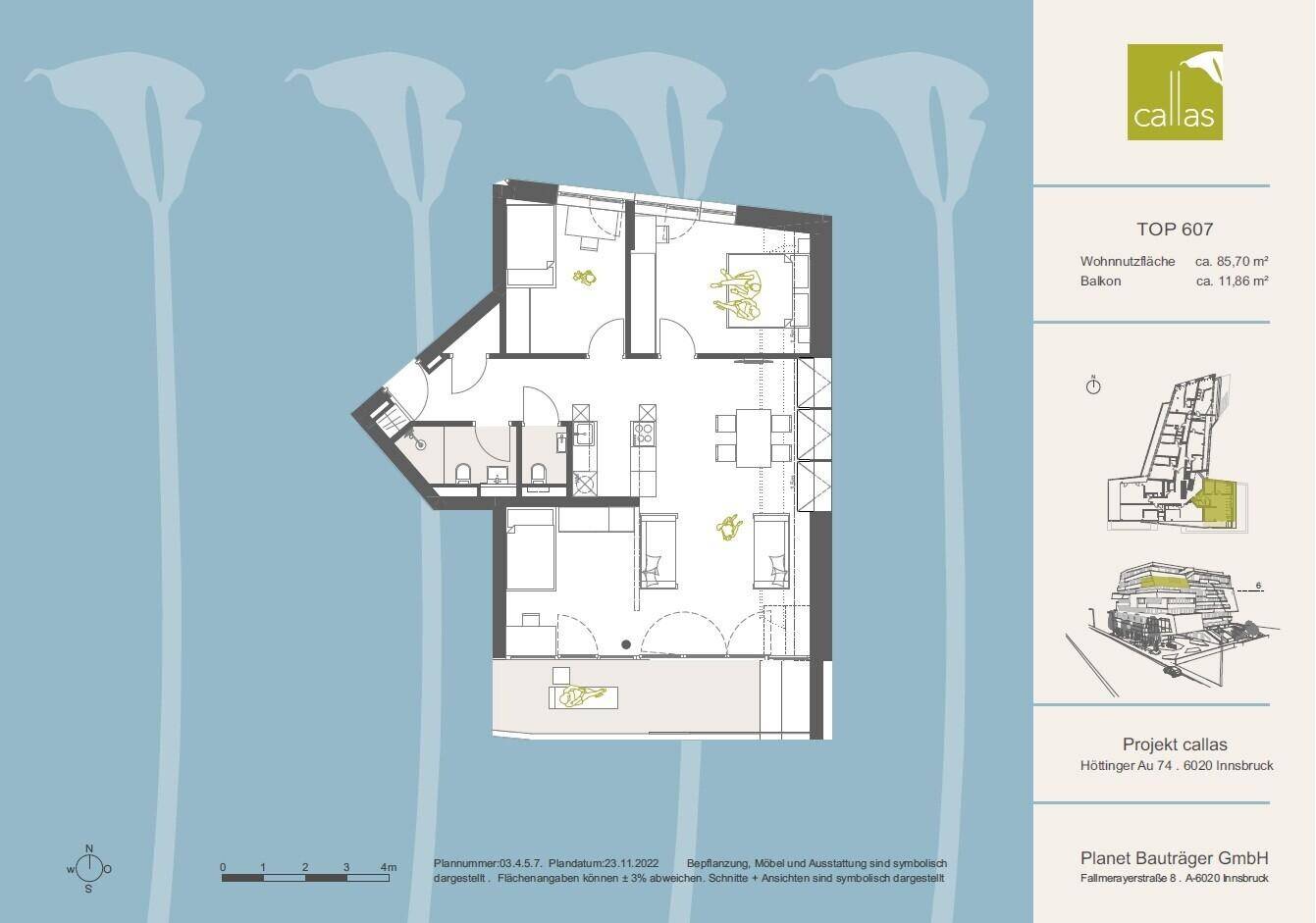 Grundriss einer Wohnung mit drei Schlafzimmern, offenem Wohnbereich und Balkon.