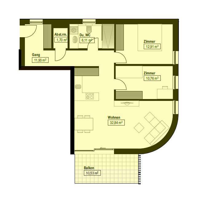 Grundriss einer Wohnung mit offenem Wohnbereich, zwei Zimmern und Balkon.
