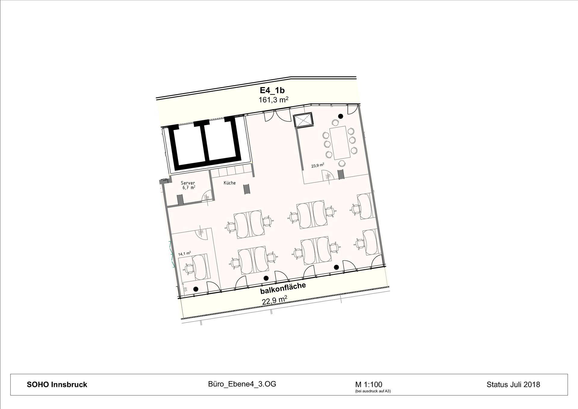 Grundriss einer Büroeinheit mit 161,3 m² und einem Balkon von 22,9 m².