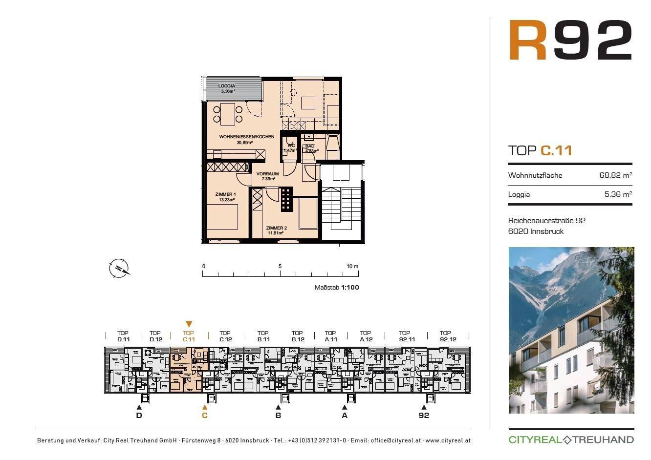 Grundriss der Wohnung TOP C.11 mit Wohn-Essküche, zwei Zimmern und Loggia.