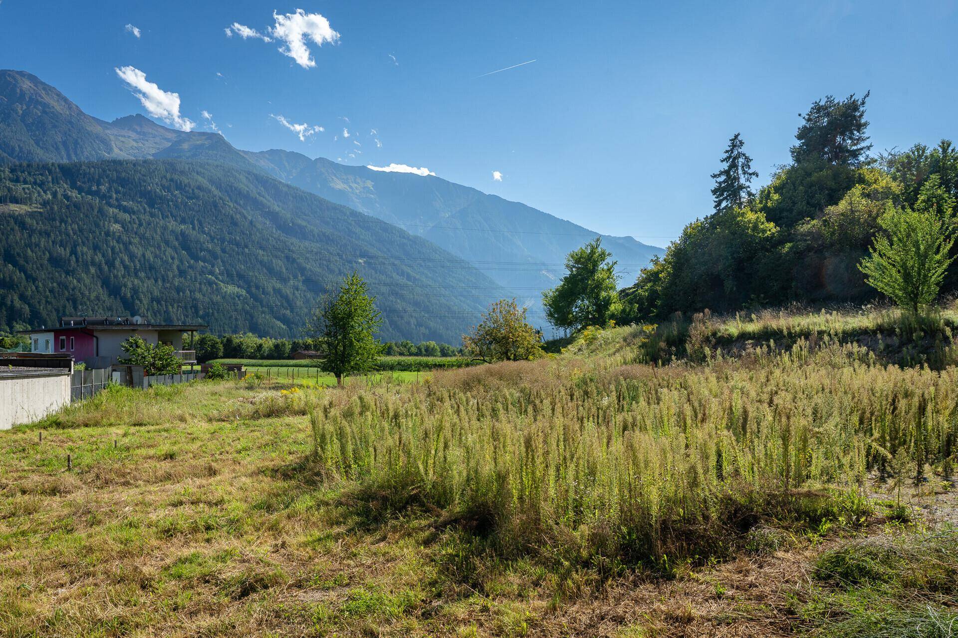 Weitläufiges Grundstück mit Blick auf eine grüne Hügellandschaft und ferne Berge unter klarem Himmel.