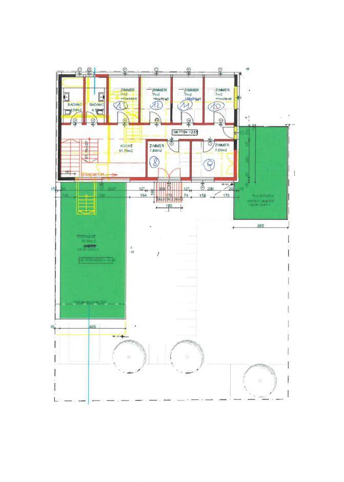 Grundriss einer weiteren Etage mit Küche, mehreren Zimmern und Zugang zum Garten.