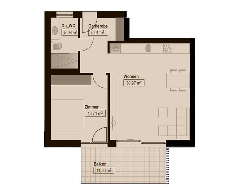 Grundriss einer Wohnung mit offenem Wohnbereich, Schlafzimmer, Bad und Balkon.