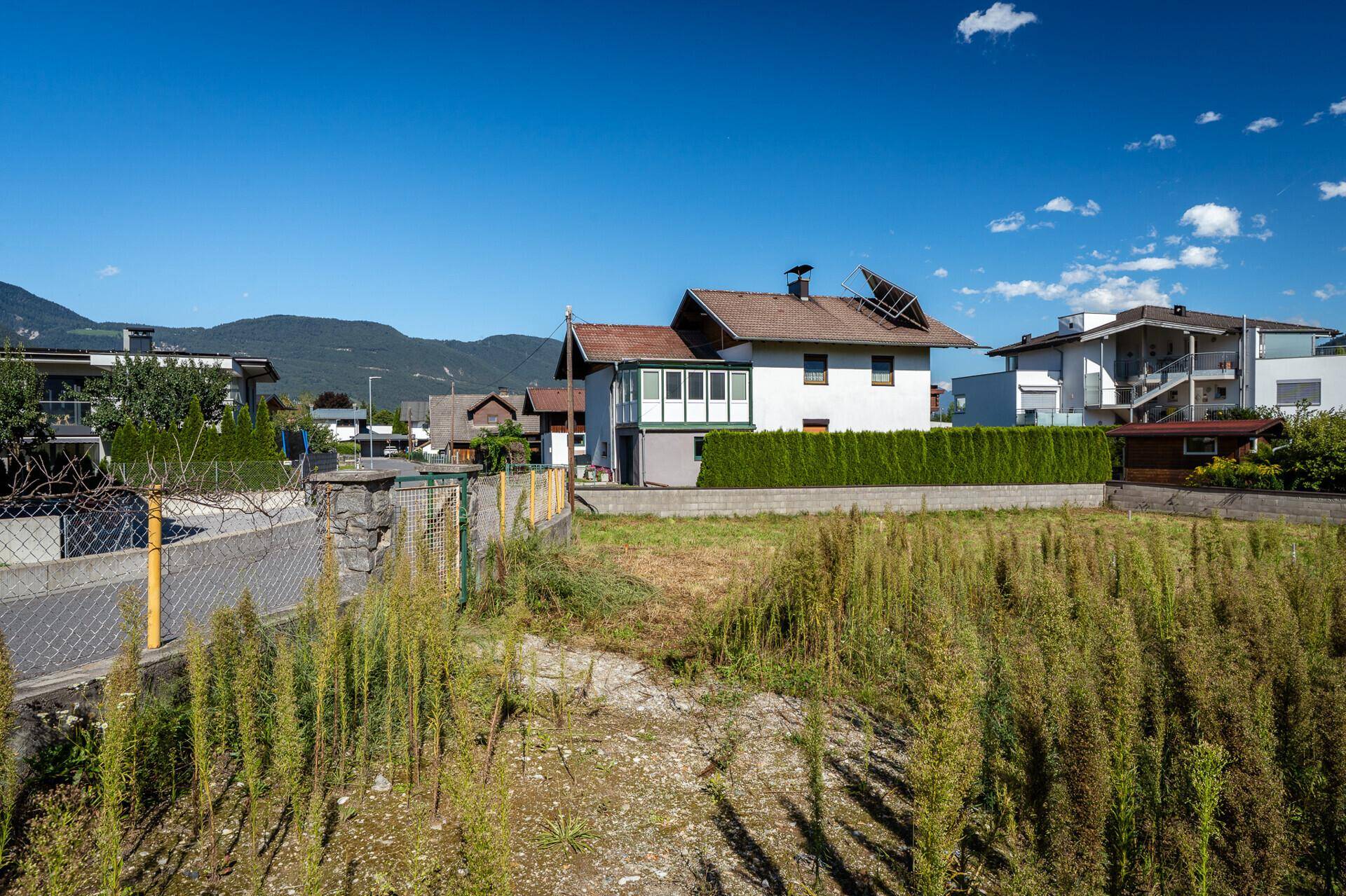 Sonniges Baugrundstück umgeben von Einfamilienhäusern und einer grünen Hecke unter blauem Himmel.