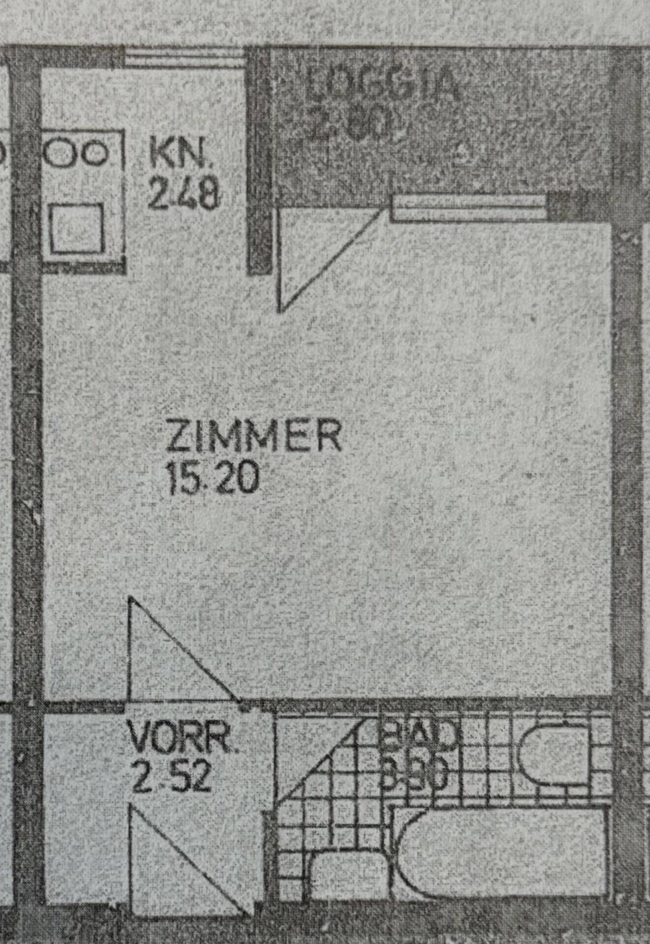 Grundriss einer Wohnung mit Zimmer, Loggia, Vorraum und Badezimmer.