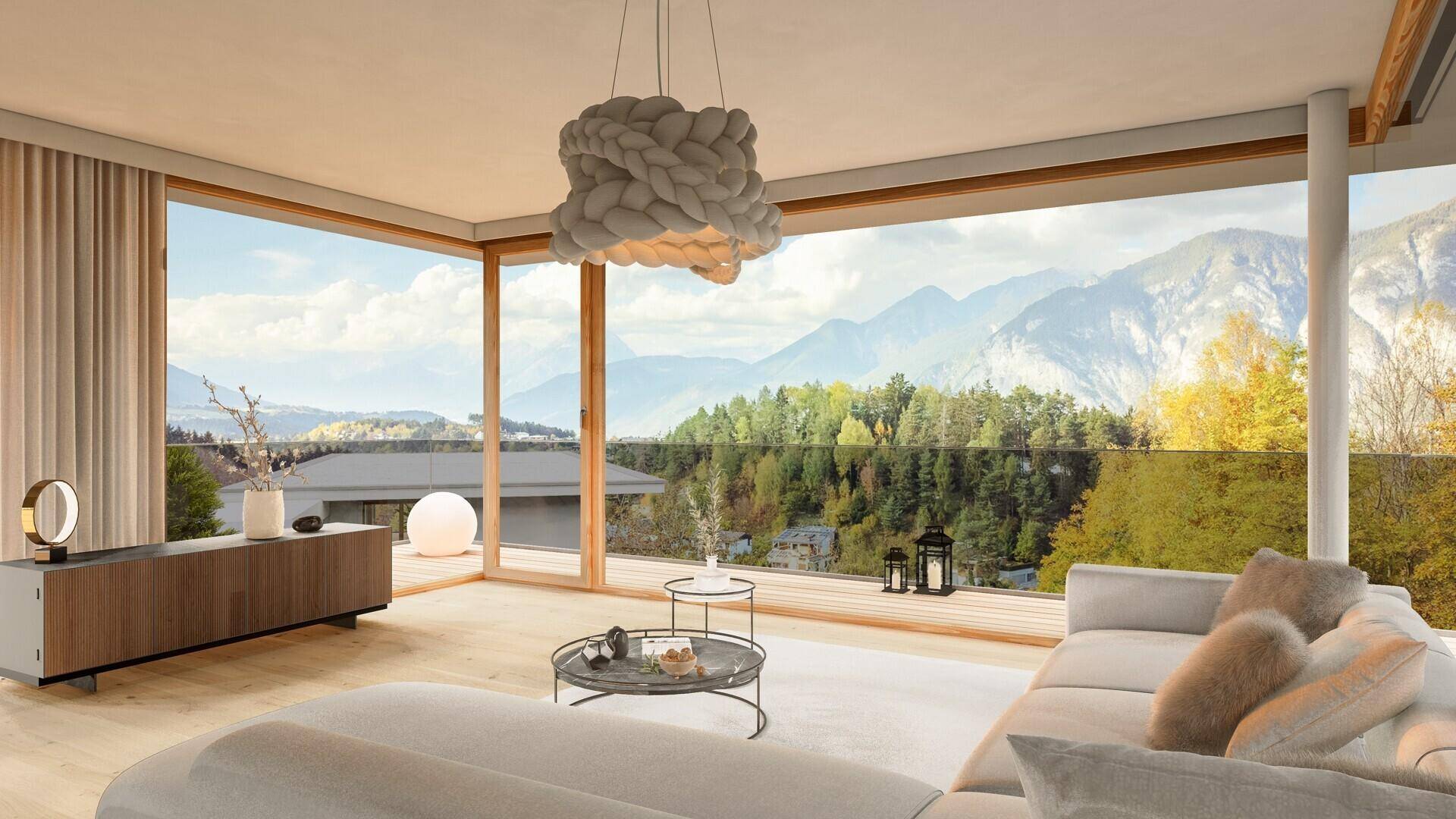 Helles Wohnzimmer mit bodentiefen Fenstern, modernem Design und atemberaubendem Bergblick.