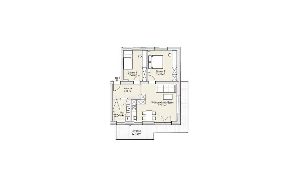 Grundriss einer Wohnung mit zwei Zimmern, offenem Wohnbereich und großer Terrasse.