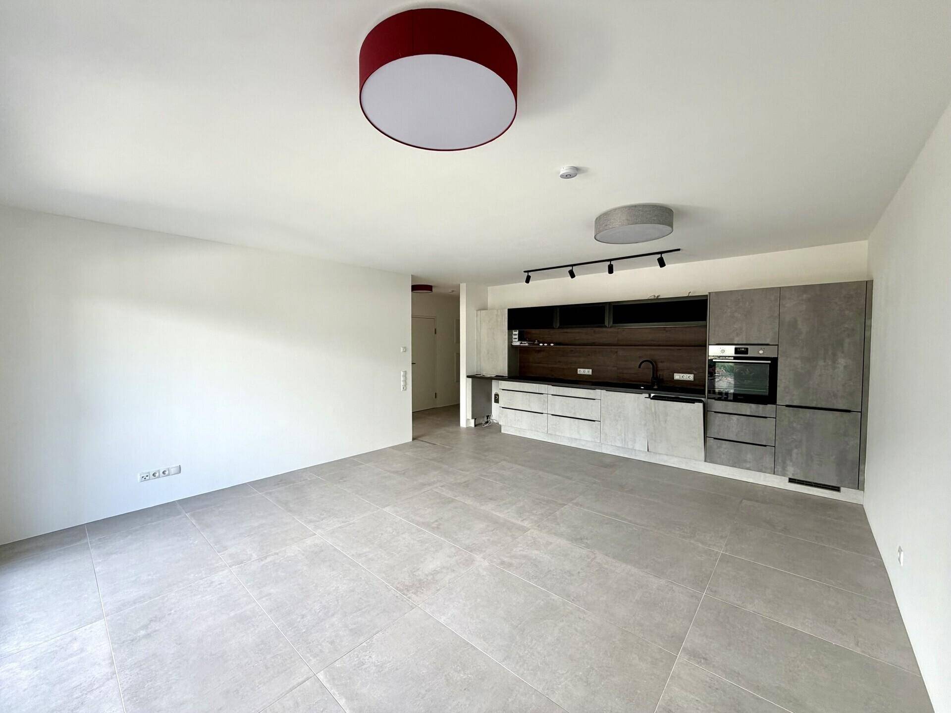 Moderne Einbauküche im offenen Wohnbereich mit grauen Fronten, hochwertigen Geräten und Fliesenboden.