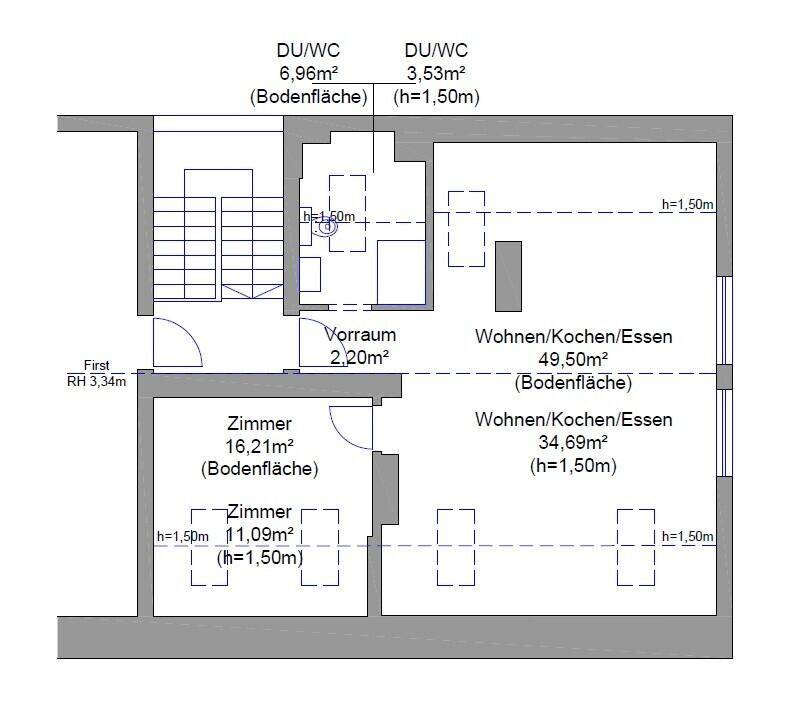Grundriss eines Dachgeschosses mit offenem Wohn-/Koch-/Essbereich, zwei Zimmern und zwei Bädern, gekennzeichnet durch Dachschrägen.