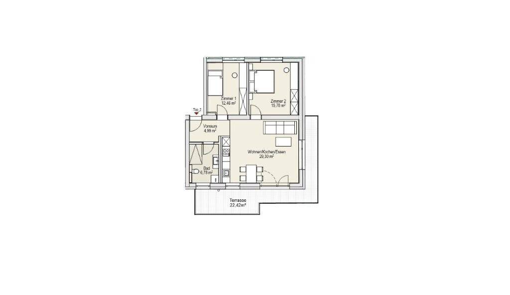 Grundriss einer Wohnung mit offenem Wohn-, Koch- und Essbereich, zwei Zimmern und einer Terrasse.