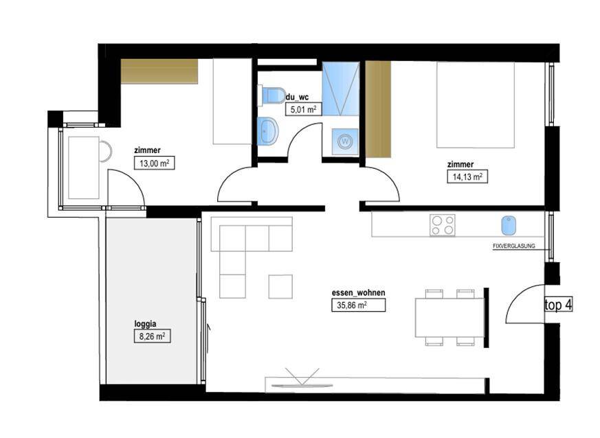 Grundriss der Wohnung Top 4 mit zwei Zimmern, offenem Wohnbereich und Loggia.