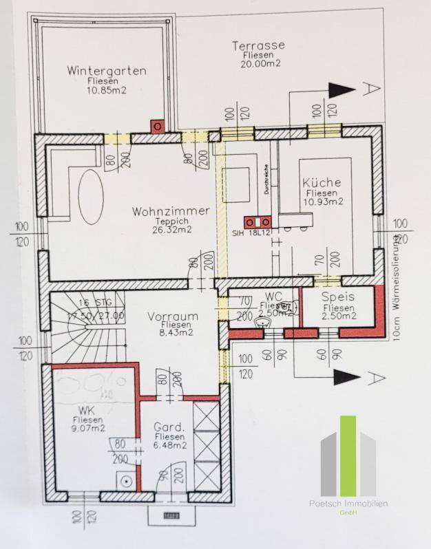 Grundriss des Erdgeschosses mit Wohnzimmer, Küche, Wintergarten und Terrasse, gut aufgeteilt.