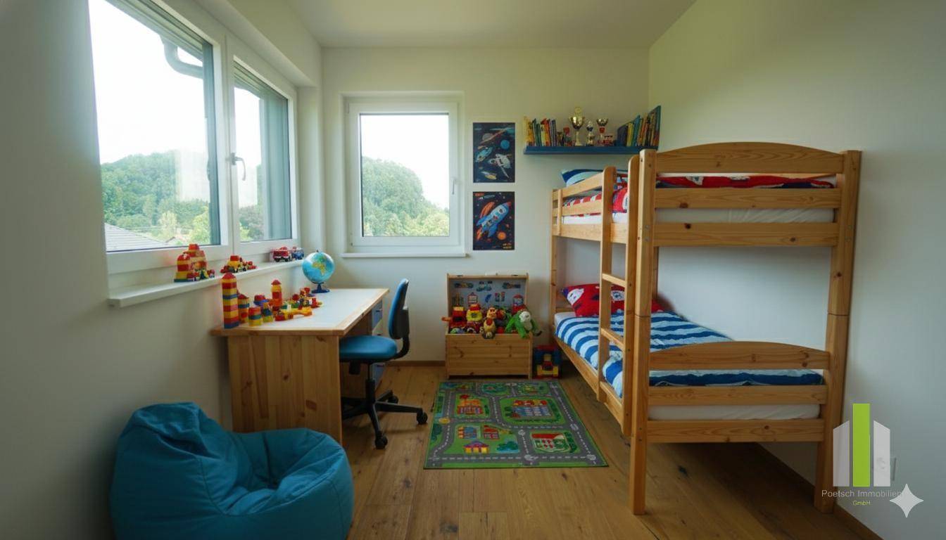 Kinderzimmer mit Etagenbett, Schreibtisch und bunten Spielsachen, hell durch große Fenster.