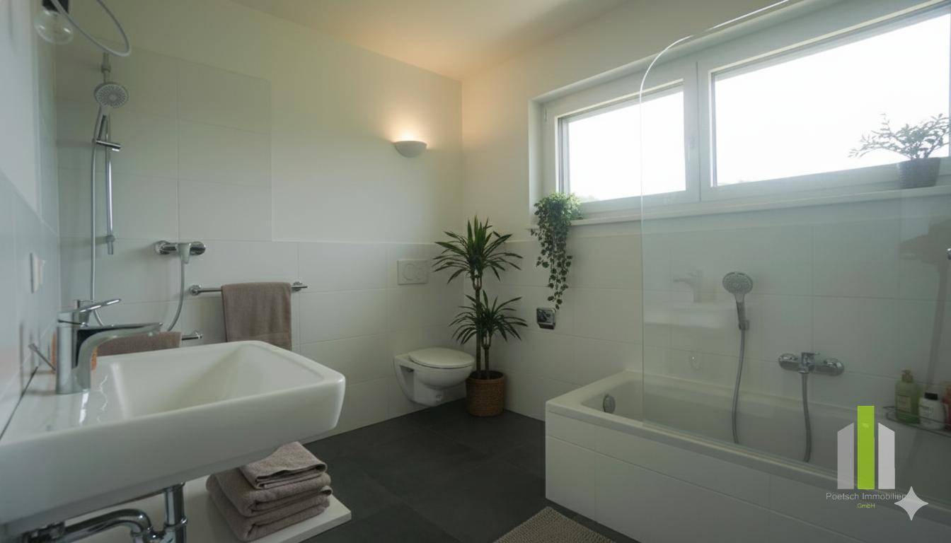 Helles Badezimmer mit Badewanne, Dusche, WC und Fenster für natürliche Belüftung.