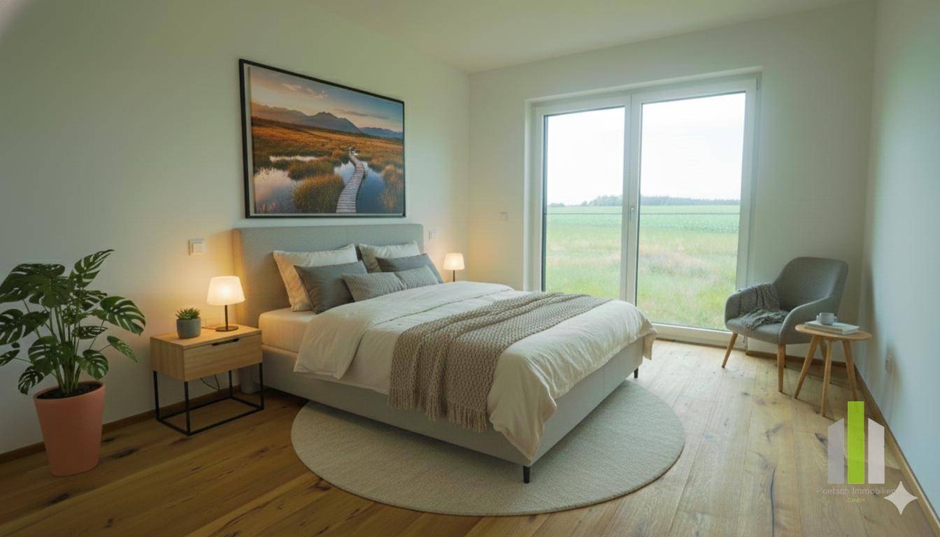 Schlafzimmer mit Doppelbett, Holzboden und bodentiefen Fenstern mit weitem Blick ins Grüne.