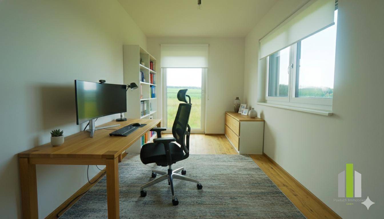 Helles Arbeitszimmer mit großem Schreibtisch, Bücherregal und Blick ins Grüne.