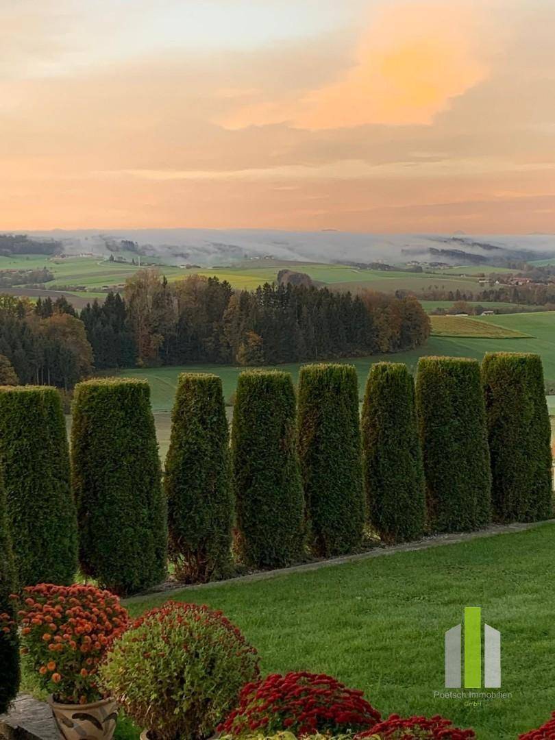 Garten mit gepflegten Hecken und einem stimmungsvollen Blick über die neblige Landschaft bei Sonnenuntergang.