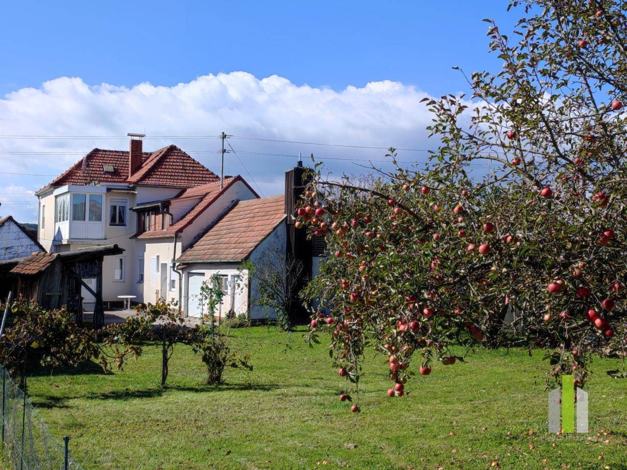 Großer Garten mit reifen Obstbäumen und Blick auf das charmante Landhaus.