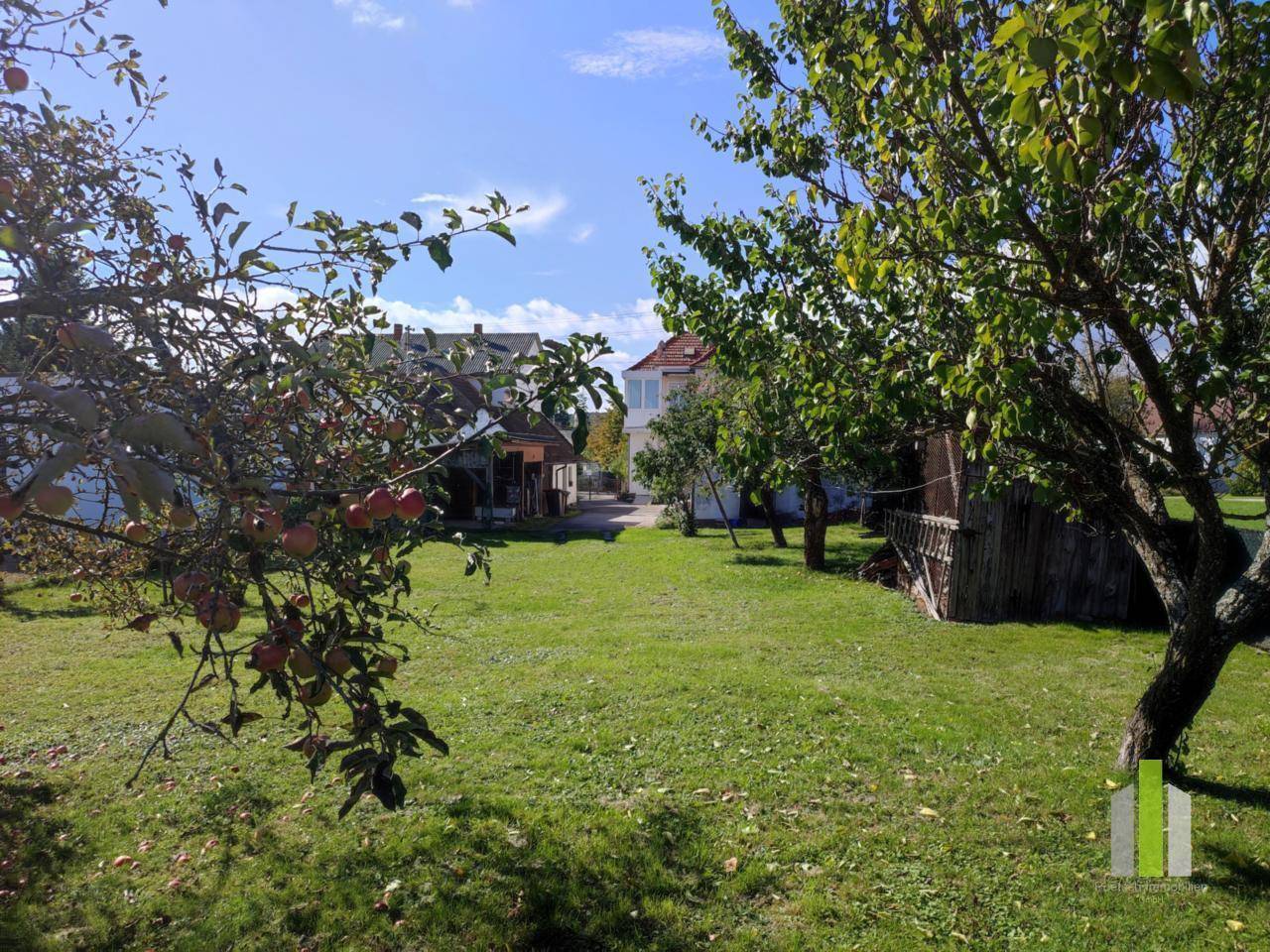 Weitläufiger Garten mit Rasenfläche und Obstbäumen, Blick auf das Haus.