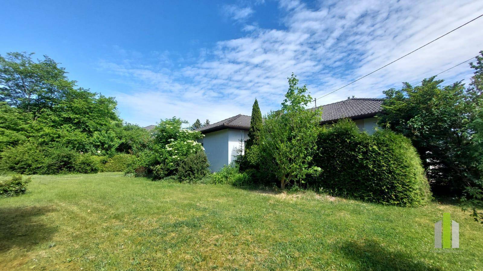 Weitläufiger Gartenbereich mit gepflegtem Rasen und üppiger Bepflanzung rund um das Haus.