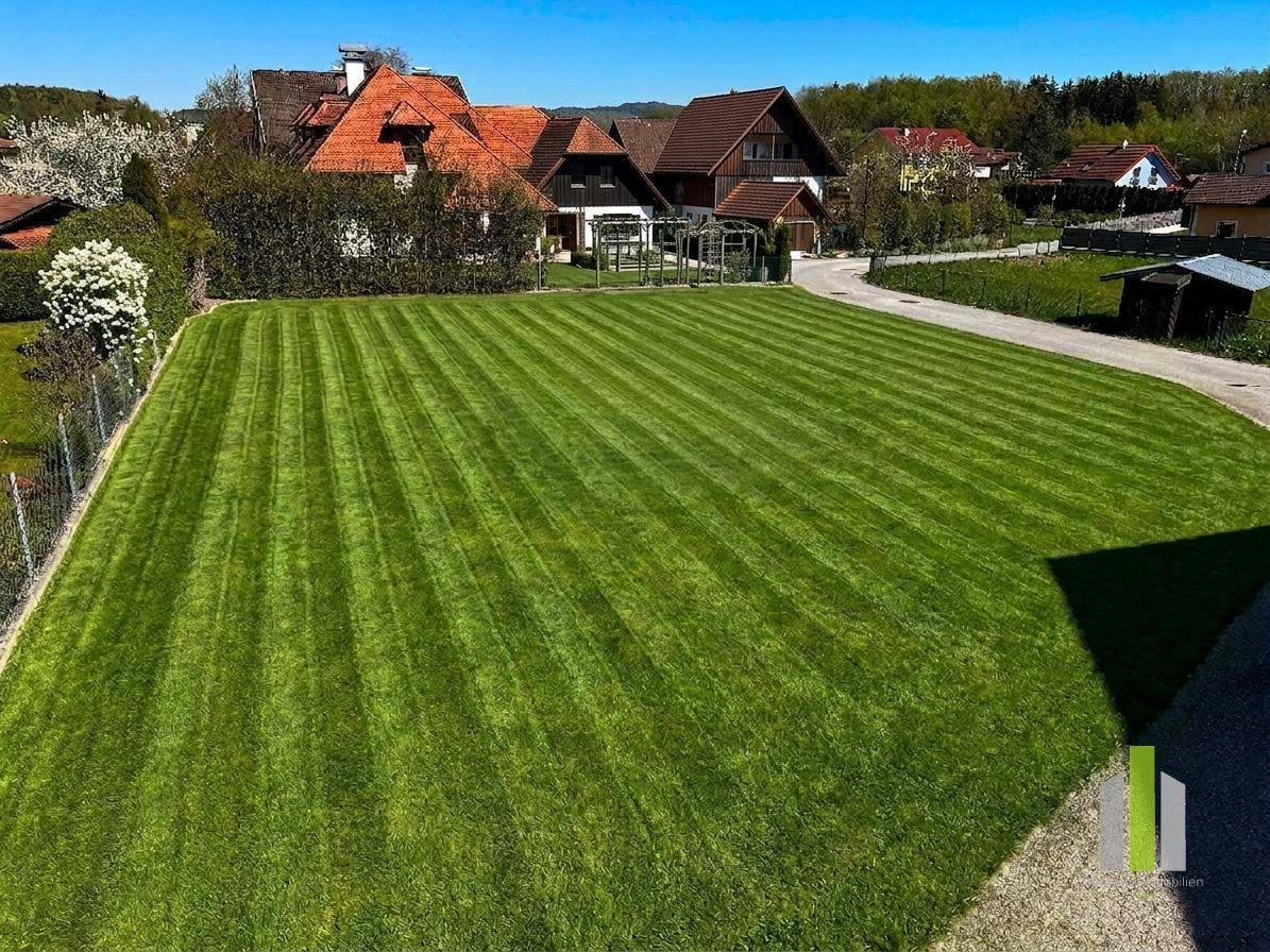 Große, gepflegte Rasenfläche eines Gartens mit Blick auf die umliegende Wohnbebauung.