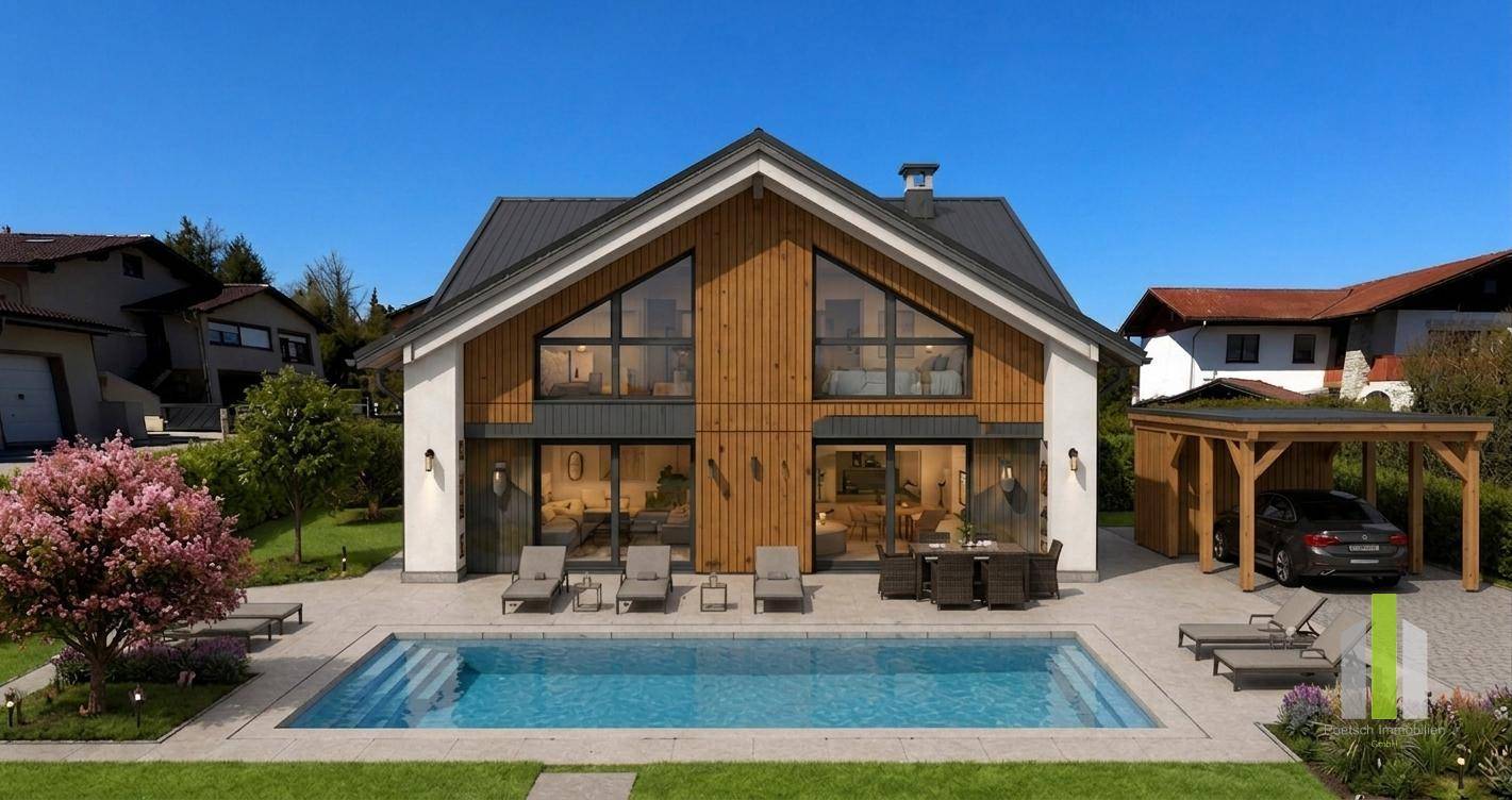 Neubau-Einfamilienhaus mit Holzfassade, Pool, Terrasse und Carport in ländlicher Umgebung.