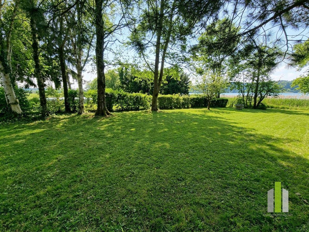 Weitläufiger Gartenbereich mit altem Baumbestand, gepflegtem Rasen und Blick auf das Wasser.