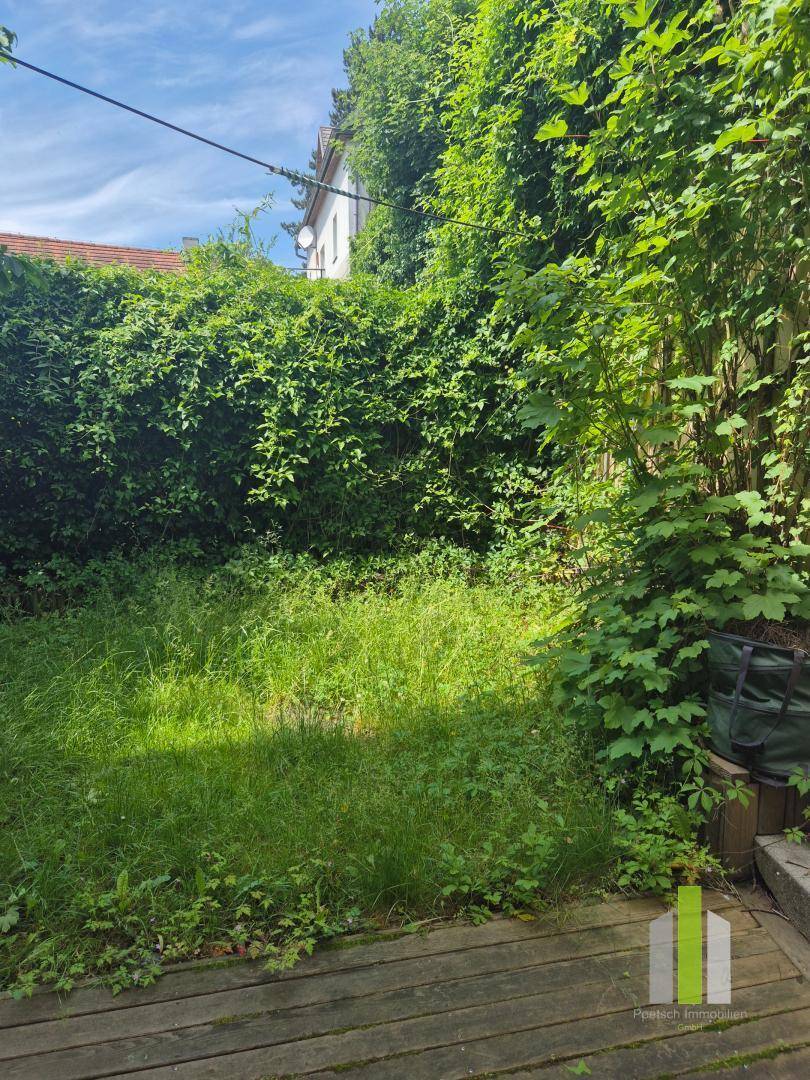Sonnige Rasenfläche im Garten, angrenzend an eine Holzterrasse und umgeben von dichtem Grün.
