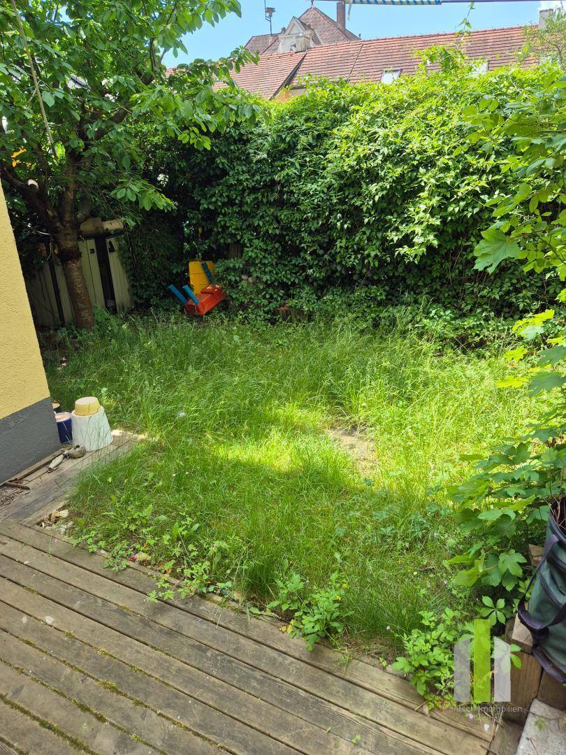 Naturbelassener Gartenbereich mit Rasenfläche, umgeben von hohen Hecken und Bäumen.
