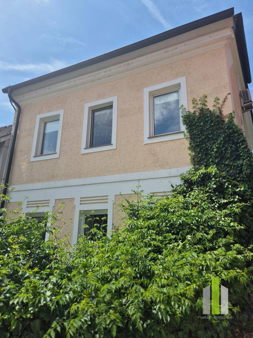 Detailansicht der gelben Fassade eines historischen Gebäudes mit grüner Bepflanzung im Vordergrund.