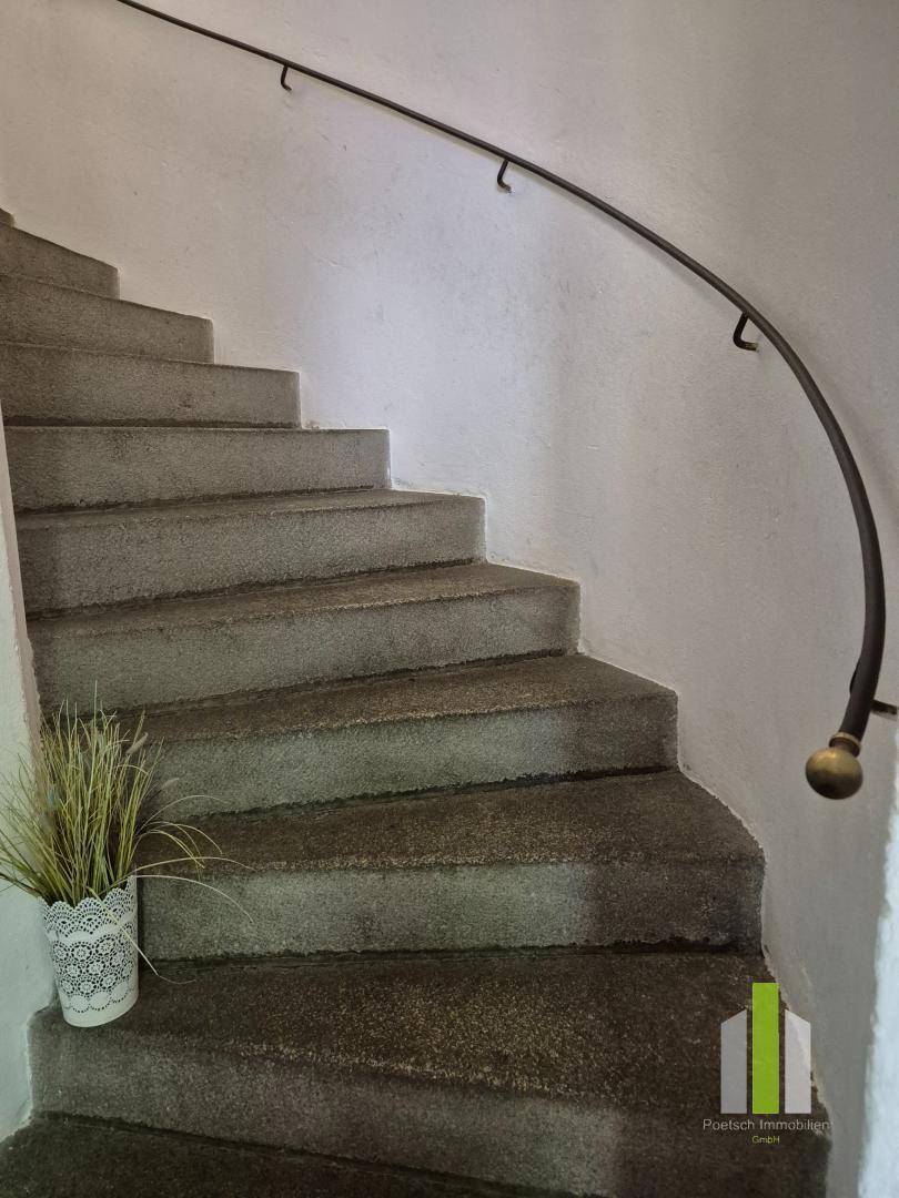 Geschwungene Steintreppe mit schmiedeeisernem Geländer in einem historischen Gebäude.