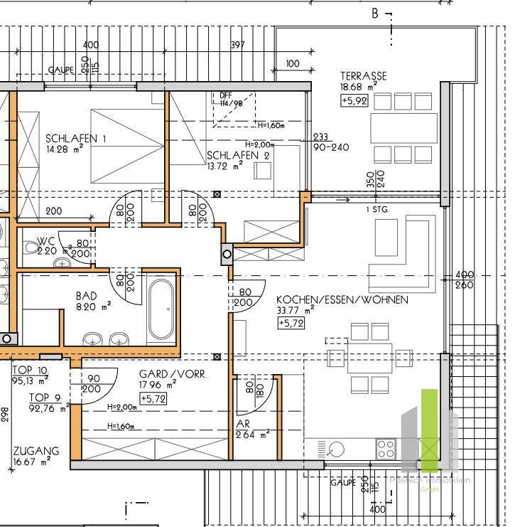 Detaillierter Grundriss einer Wohnung mit zwei Schlafzimmern, offenem Wohnbereich und großer Terrasse.